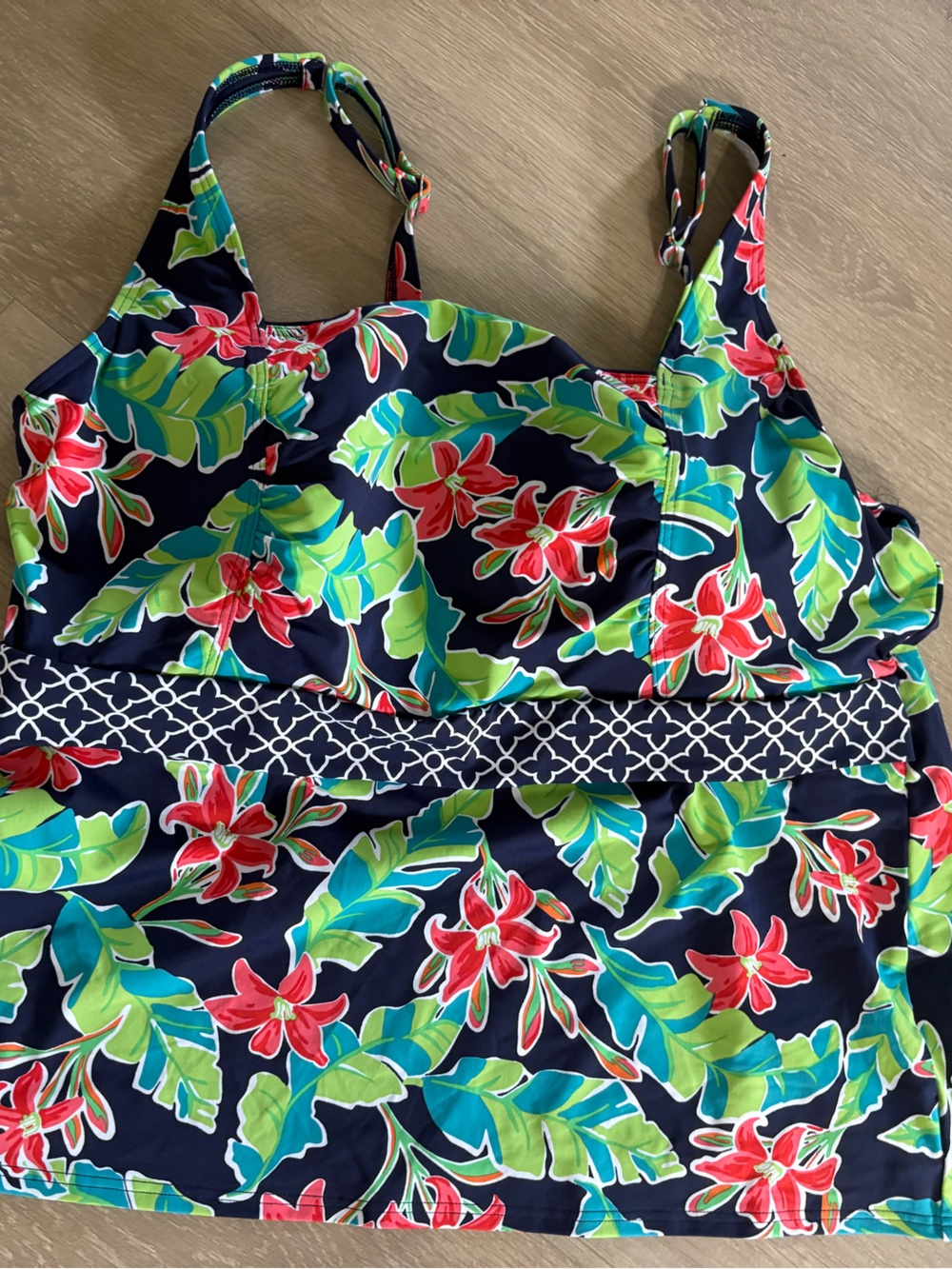 Lands' End Square Neck Navy Tropical Floral Tankini Top 18W G